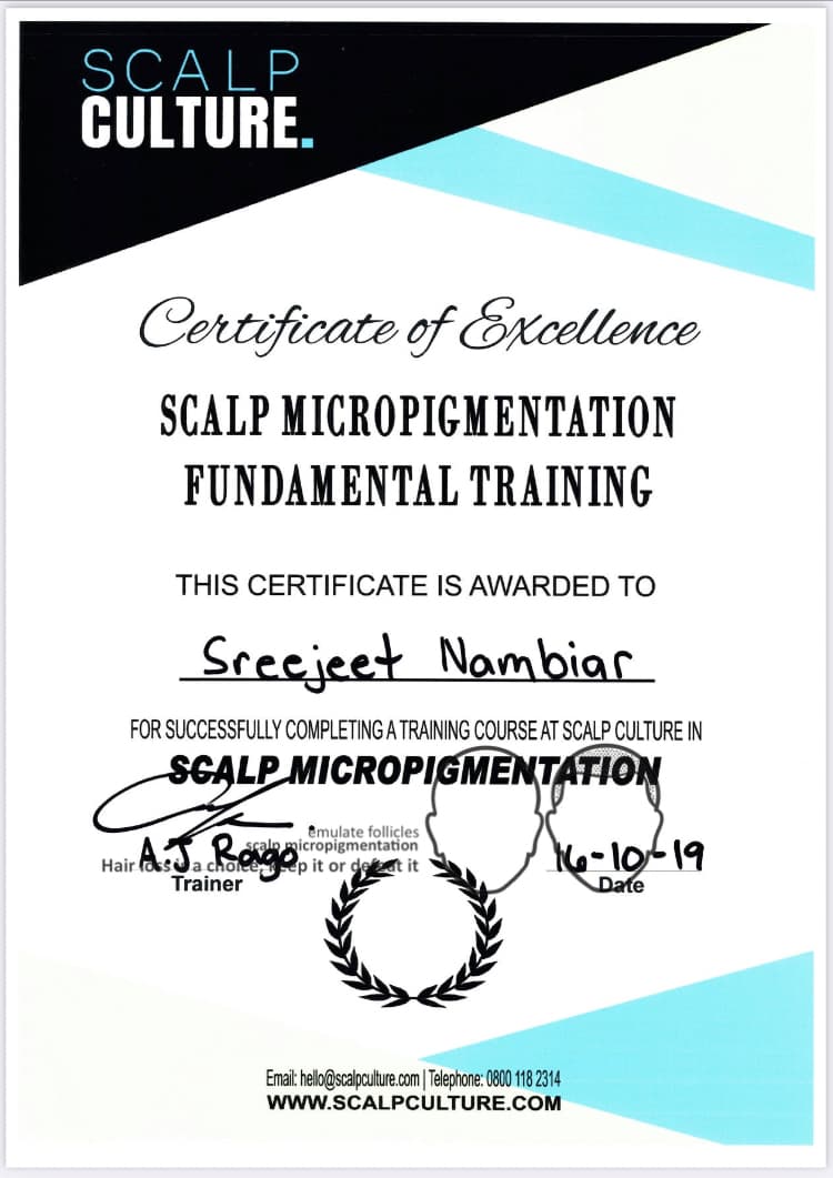 sreejeet scalp micropigmentation training scalpculture ajrago certificate