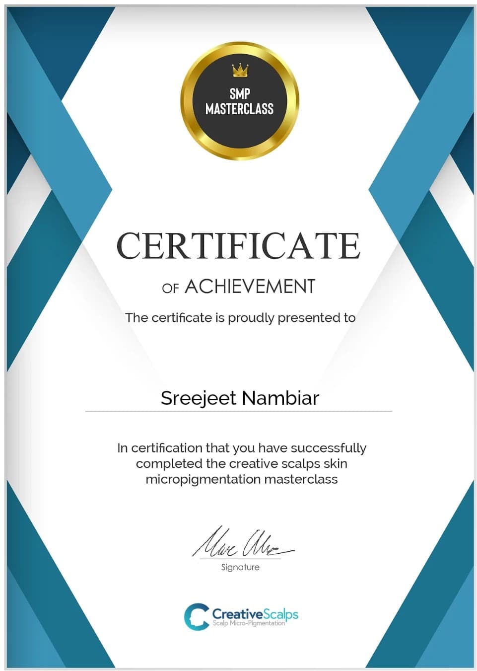 SMP Masterclass Certificate of Sreejeet Nambiar – Marc Allen, CreativeScalps